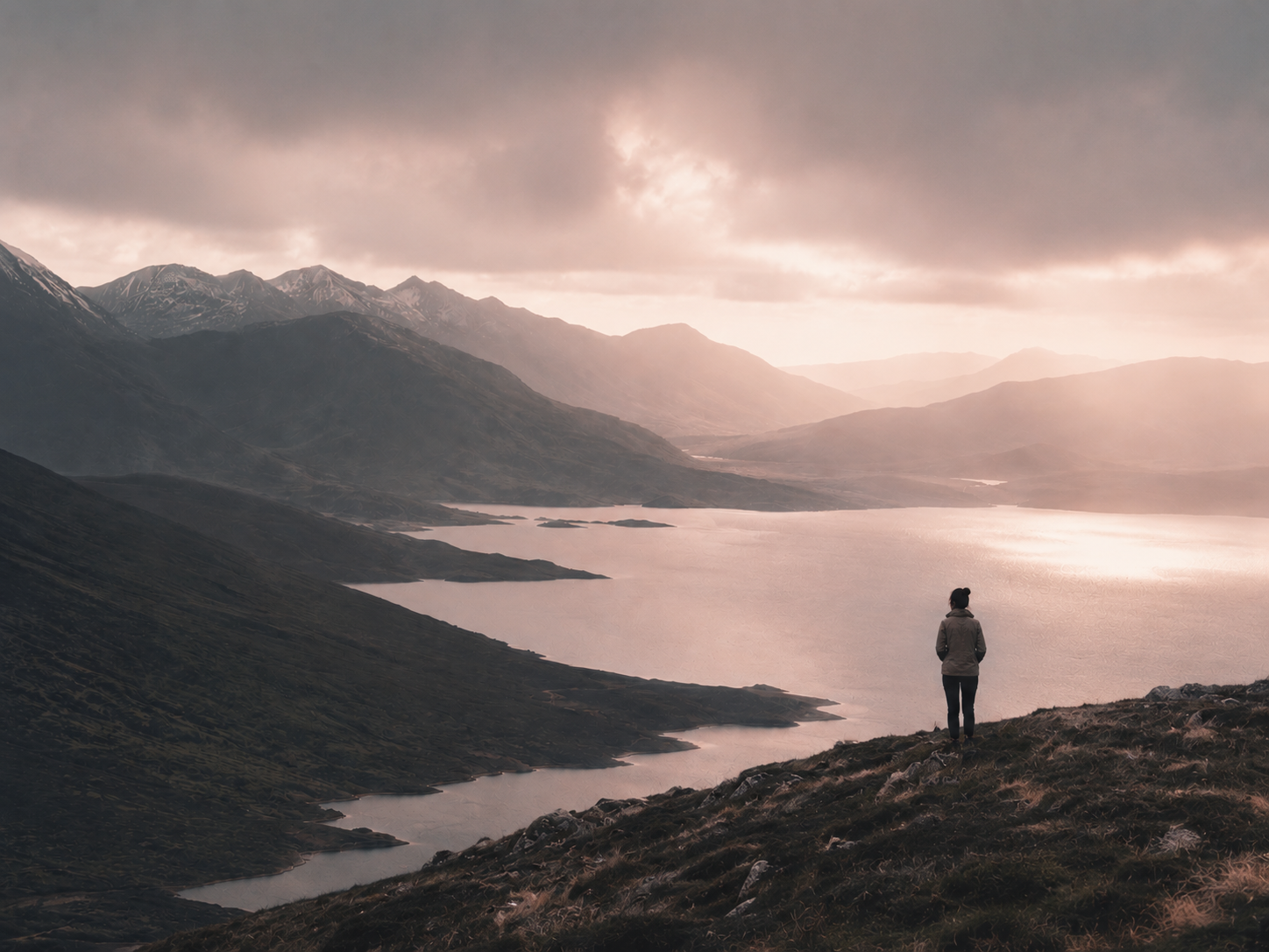 A person on a hillside looking out over water and distant mountains